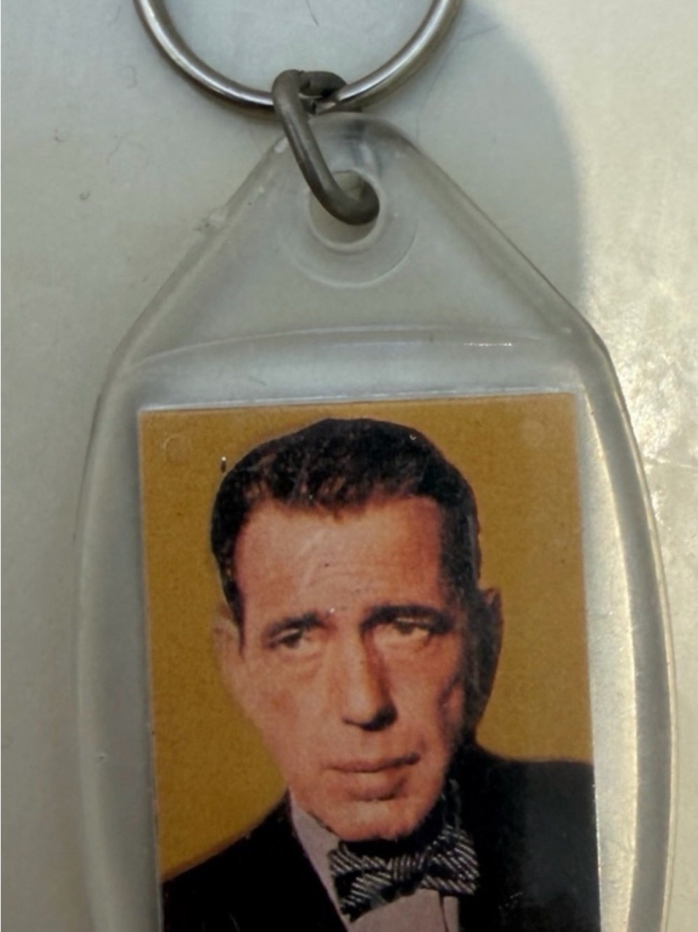 Vintage Clear Keychain with Humphrey Bogart Portrait Insert - Mustard/Black